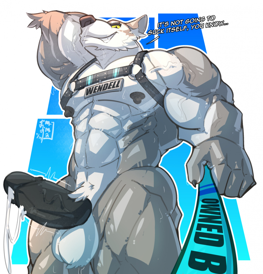 abs anthro balls biceps black_penis bodily_fluids breath canid canine canis cum epic_games erection first_person_view fortnite fur genital_fluids genitals grey_body grey_fur grin harness hi_res himahimaa humanoid_genitalia humanoid_penis leash looking_at_viewer male male_only mammal muscular muscular_anthro muscular_male nipples pecs penis smile solo thick_penis vein veiny_muscles wendell_(fortnite) wolf yellow_eyes