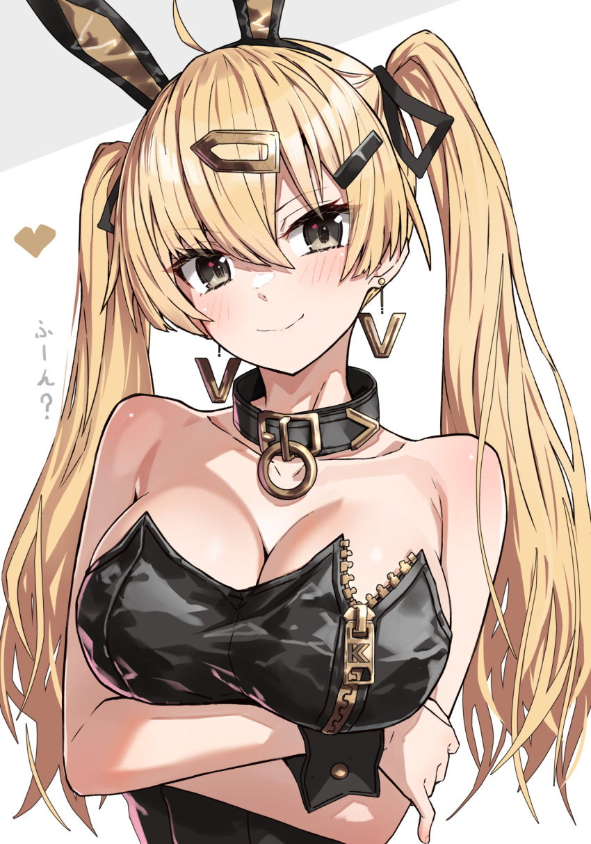 blonde_hair bunny_ears collar earrings leather_topwear takanashi yellow_eyes