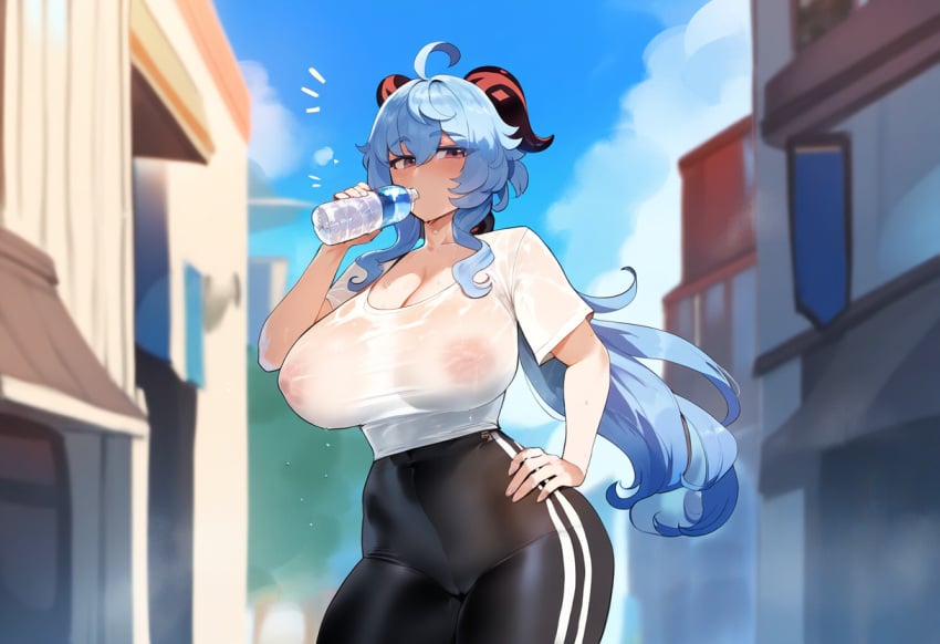 ahoge ai_generated areolae artstyle_imitation cameltoe drinking female ganyu_(genshin_impact) genshin_impact hand_on_hip henrik_n horns huge_breasts long_hair looking_at_viewer massive_breasts mommy nipples_visible_through_clothing novelai outside skin_tight solo sweat thiccwithaq_(ai_style) wet_clothes wet_shirt wide_hips