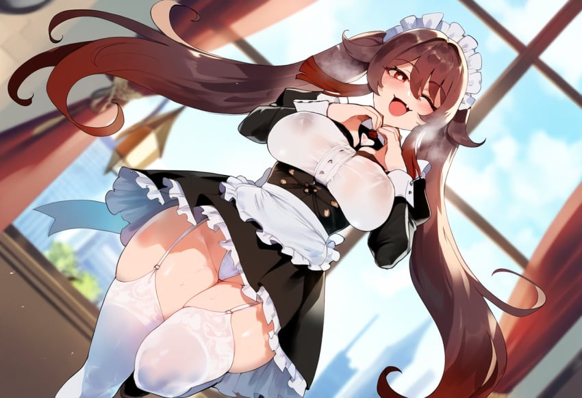 ai_generated alternate_breast_size big_breasts blush breasts from_below garter_straps genshin_impact happy heart_hands henrik_n hu_tao_(genshin_impact) looking_at_viewer maid maid_outfit novelai panties thiccwithaq_(ai_style) thick_thighs thighs