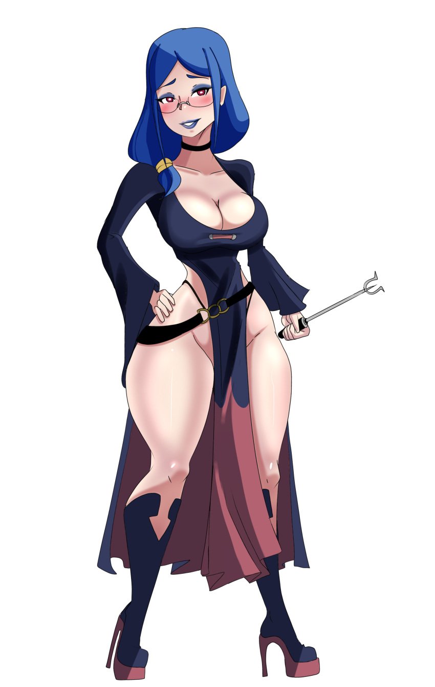 belt big_breasts blue_hair boots cleavage costume_change glasses inkrait lips lipstick little_witch_academia loincloth long_hair long_sleeves makeup mature_female milf modified_costume partially_clothed pelvic_curtain red_eyes sexy_outfit thick_thighs thighs thong thong_aside ursula_callistis wand white_background