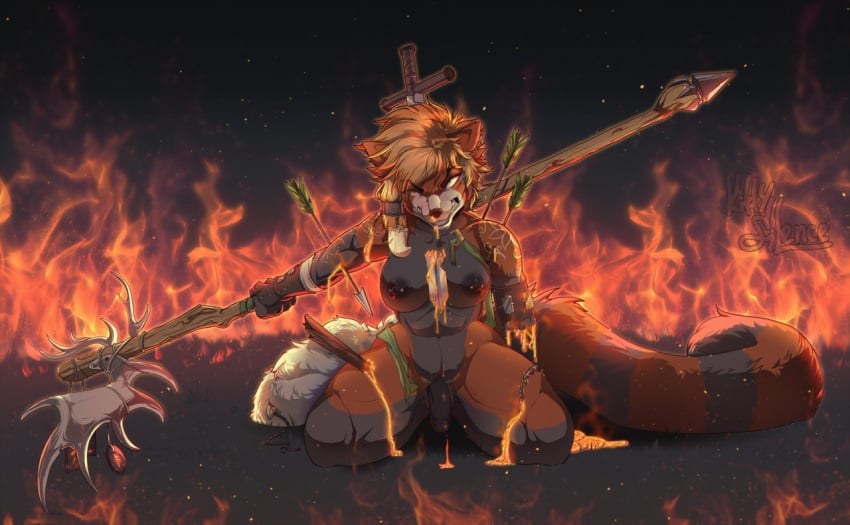 1futa 2019 ailurid anthro areola arrow blonde_hair blood breasts detailed_background dickgirl fire futanari hair holding_object intersex kitty_silence kneeling mammal melee_weapon nipples penis red_panda solo staff sword weapon