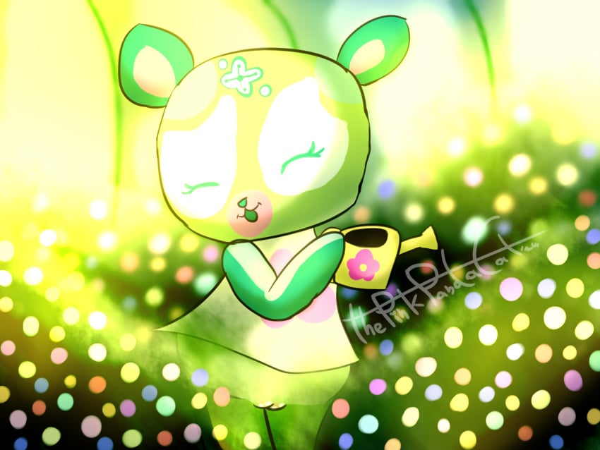 2024 anthro arl bear blue_flower closed_eyes clothed clothing dress female flower fur genitals green_body green_fur greenhouse hi_res mammal multicolored_flower pink_flower plant polar_bear pussy shrub solo thepinkpandacat ursine vivarium watering_can watermark yellow_flower zoobles!