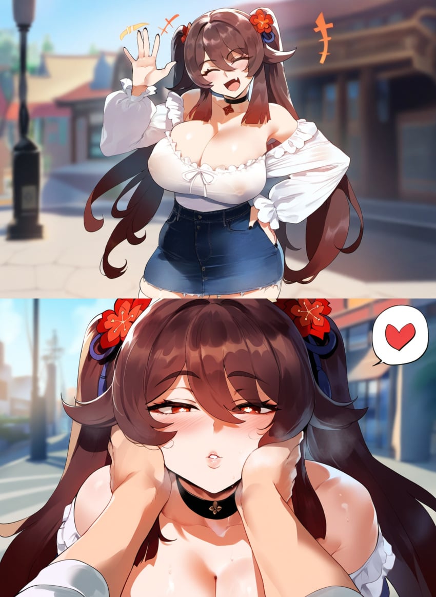 ai_generated artstyle_imitation cleavage close-up face_grab genshin_impact henrik_n hu_tao_(genshin_impact) huge_breasts kissing looking_at_viewer miniskirt nipples_visible_through_clothing novelai pov_kiss skimpy slutty_outfit thiccwithaq_(ai_style) thick_thighs wide_hips