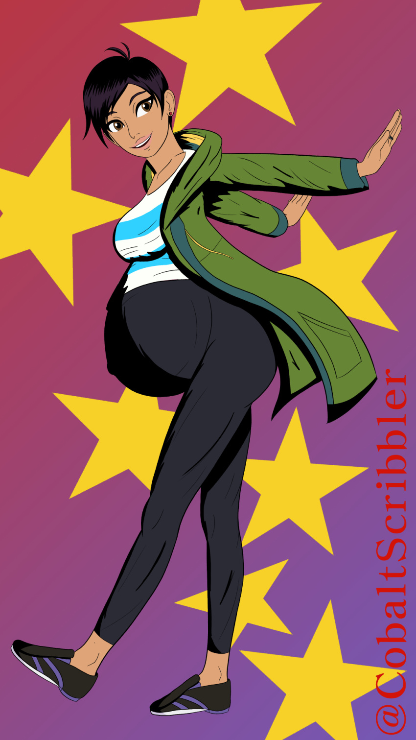 belly belly_button belly_button_visible_through_clothing black_hair brown_eyes coat cobaltscribbler dc dc_comics green_jacket happy happy_female high_waisted_pants jacket jacket_open leggings lois_lane lois_lane_(my_adventures_with_superman) my_adventures_with_superman pregnant pregnant_belly pregnant_female