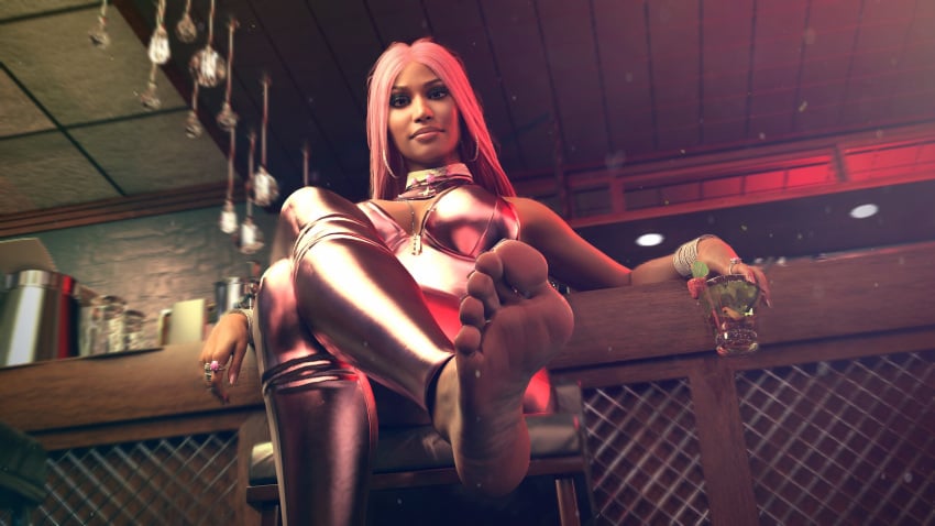 1girls 3d 3d_(artwork) 3d_model activision alcoholic_drink barefoot bbl_drizzy call_of_duty call_of_duty_modern_warfare_2_(2022) celebrity clothed clothed_female clothing feet female female_focus female_only isinatra nicki_minaj pink_hair rapper soles solo solo_female solo_focus toes