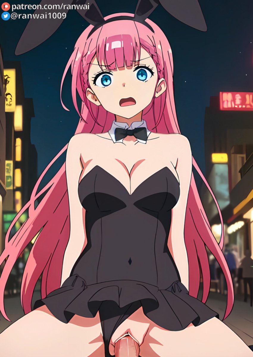 1boy 1girls ai_generated anime blue_eyes bokutachi_wa_benkyou_ga_dekinai bunny_girl bunnysuit cowgirl_position female human kirisu_mafuyu_(bokuben) large_breasts male penis pink_hair ranwai sex stable_diffusion vaginal_penetration vaginal_sex