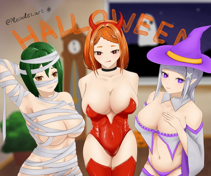 3girls belly breasts cleavage crusch_karsten demon_horns devil_costume elf elf_ears elf_female emilia_(re:zero) exposed_shoulders green_hair half-dressed half_naked halloween_costume looking_at_viewer mummy mummy_costume mummy_wrappings orange_hair priscilla_barielle purple_eyes re:zero_kara_hajimeru_isekai_seikatsu silver_hair standing thighhighs thighs witch_costume witch_hat