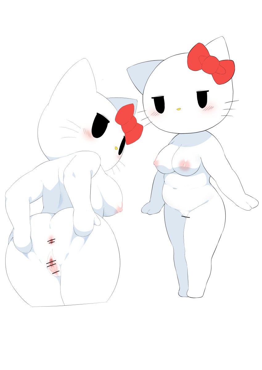 2024 absurd_res anthro anus ass belly big_breasts big_butt blush breasts censored domestic_cat felid feline felis female genitals hello_kitty hello_kitty_(character) hello_kitty_(series) hi_res kitty_white looking_at_viewer looking_back mammal navel nipples nude pussy sanrio solo umisag85rabb99