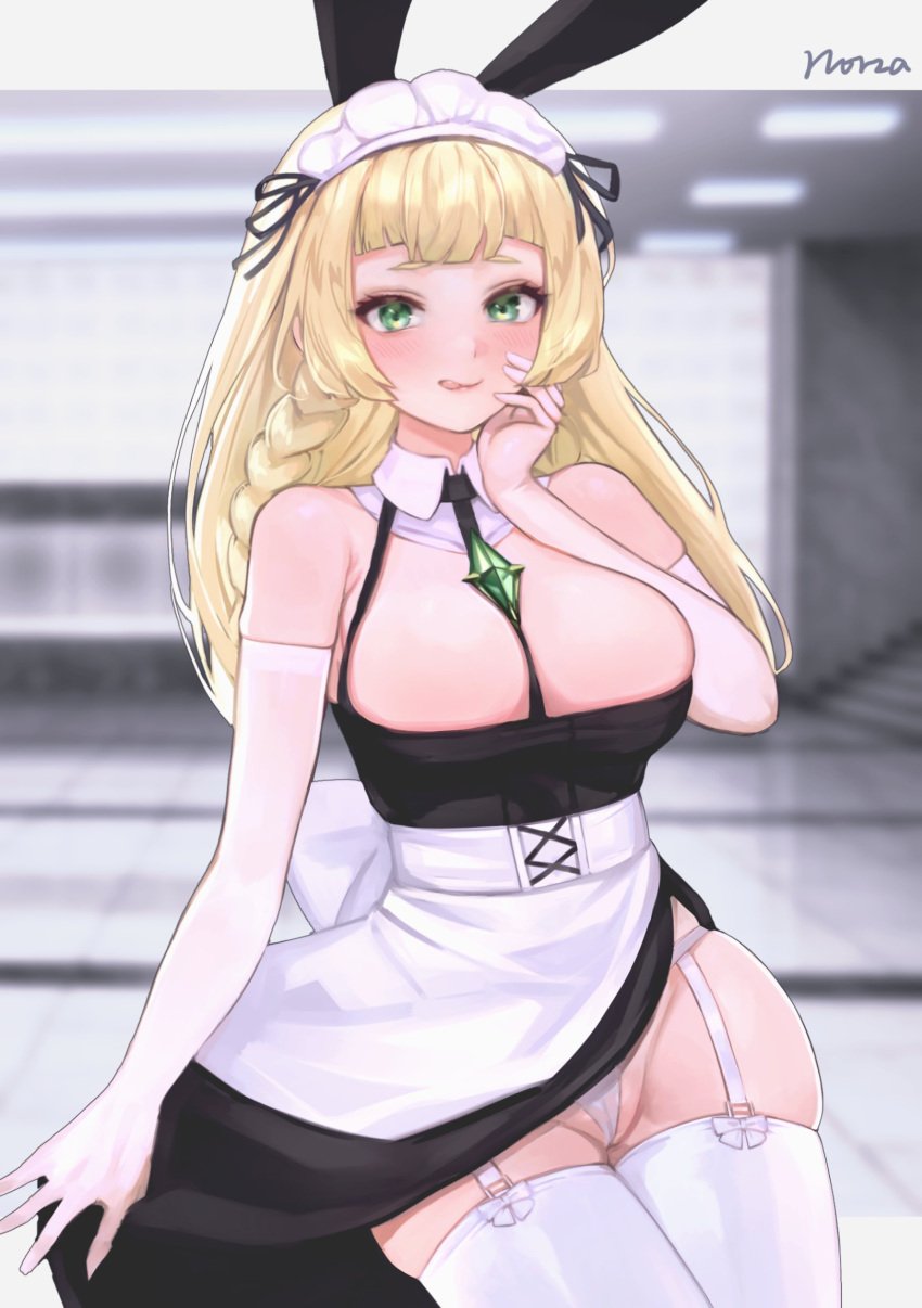 1girls 2022 aged_up alternate_breast_size alternate_version_available artist_signature blonde_hair blush breasts brooch bunny_ears cleavage female female_only garter_straps green_eyes hi_res indoors large_breasts lillie_(pokemon) long_hair looking_at_viewer maid maid_headdress maid_outfit naughty_face nintendo norza panties pokemon pokemon_sm revision skindentation slim_waist smile solo stockings suggestive_look thick_thighs thighhighs thighs white_panties