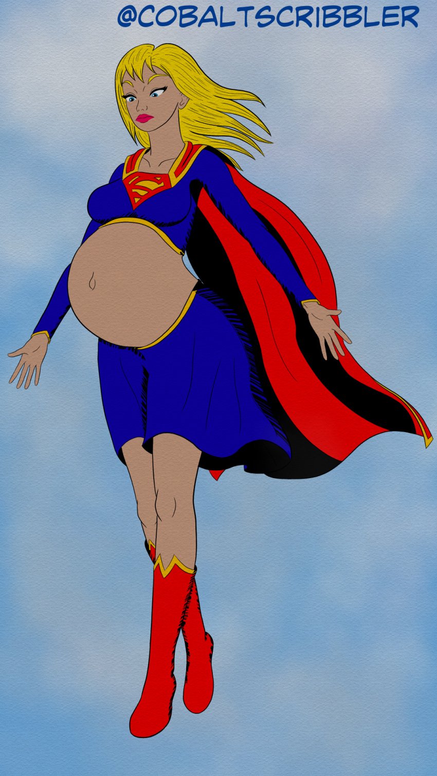 annoyed annoyed_expression arms_at_sides bare_belly bare_midriff belly blonde_female blonde_hair blonde_hair blue_clothing blue_eyes blue_outfit blue_shirt blue_skirt boots cape cobaltscribbler dc dc_comics exposed_belly exposed_belly_button floating flowing_hair long_sleeves outie outie_navel pink_lips pink_lipstick popped_navel pregnant pregnant_belly pregnant_female red_boots red_cape skirt supergirl supergirl_(dcau) superhero_costume superheroine unimpressed