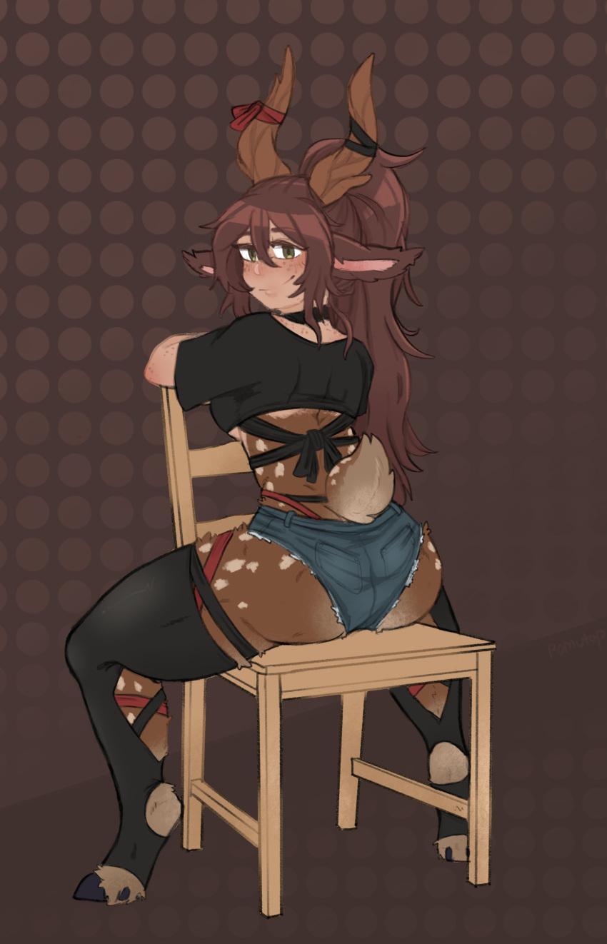 brown_fur brown_hair deer_ears deer_girl deer_tail faun freckles green_eyes hooves horns long_hair pomutop root_(eztarg3t) shorts sitting_on_chair spotted_fur thighhighs