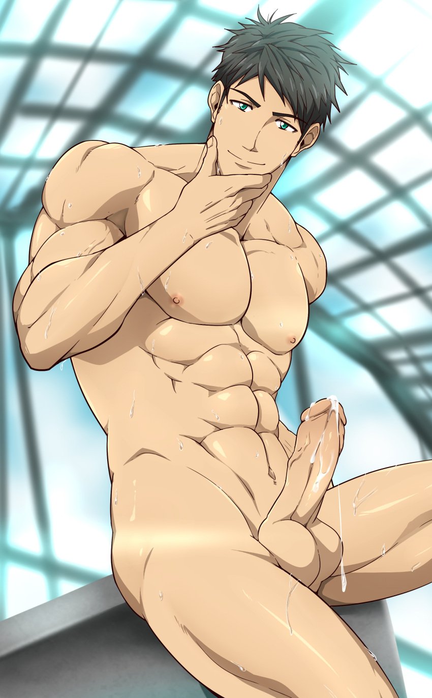 big_muscles big_penis blonde_hair condom dark_hair free! gay green_eyes male male_focus male_only muscular muscular_arms muscular_male penis sosuke_yamazaki sousuke_yamazaki yaoi