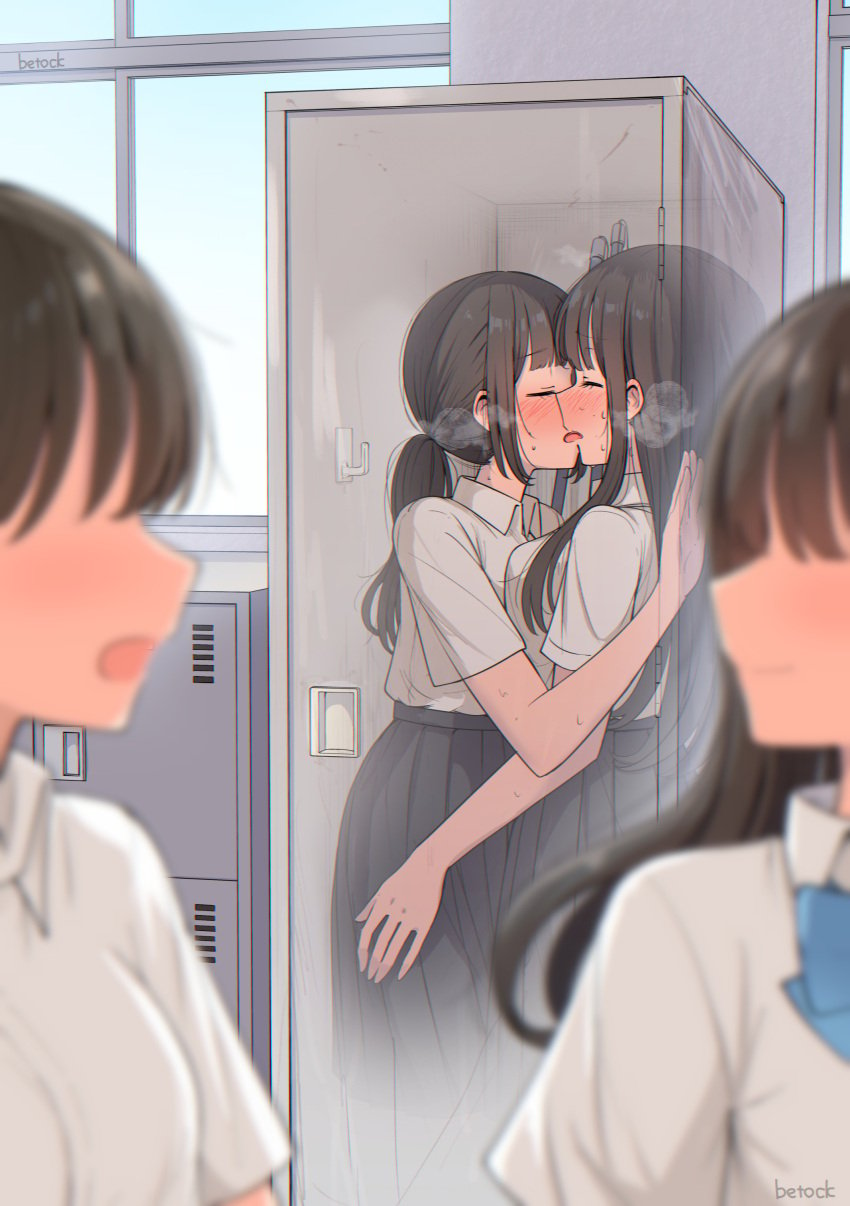 4girls betock black_hair blush breasts closed_eyes clothed female female_only french_kiss heavy_breathing hidden hiding in_locker inside_locker kissing lesbian_kiss locker locker_interior locker_sex original school school_uniform schoolgirl sex_in_locker skirt sweat tight_space tongue x-ray yuri