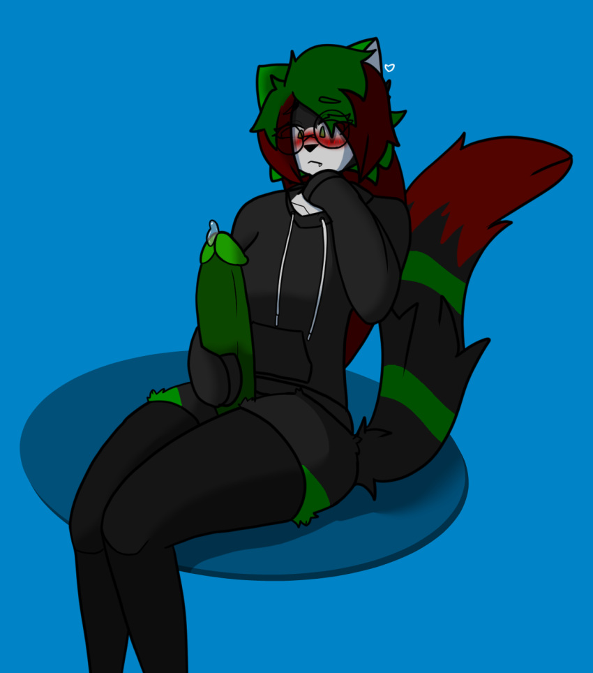 anthro big_penis blush bodily_fluids chromer.exe chromer_exe clothing domestic_cat eyewear felid feline felis genital_fluids genitals glasses green_hair green_penis gynomorph hair hi_res hoodie intersex legwear mammal penis precum shy solo thigh_highs topwear