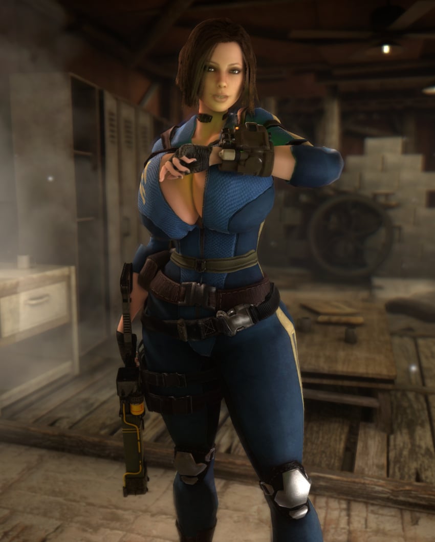 1girls 3d 3d_(artwork) alternate_breast_size bethesda_softworks bodysuit breasts_bigger_than_head breasts_bigger_than_torso brown_eyes brown_hair bulletstorm cleavage clothed clothed_female clothing computer electronics epic_games fallout female female_only female_solo fingerless_gloves gigantic_breasts gloves gun holding_gun holding_object holding_weapon hourglass_figure huge_breasts human human_female human_only open_bodysuit open_clothes people_can_fly pip-boy slim_waist solo solo_female thick_thighs thighs trishka_novak vaako vault_suit weapon wide_hips wristwear