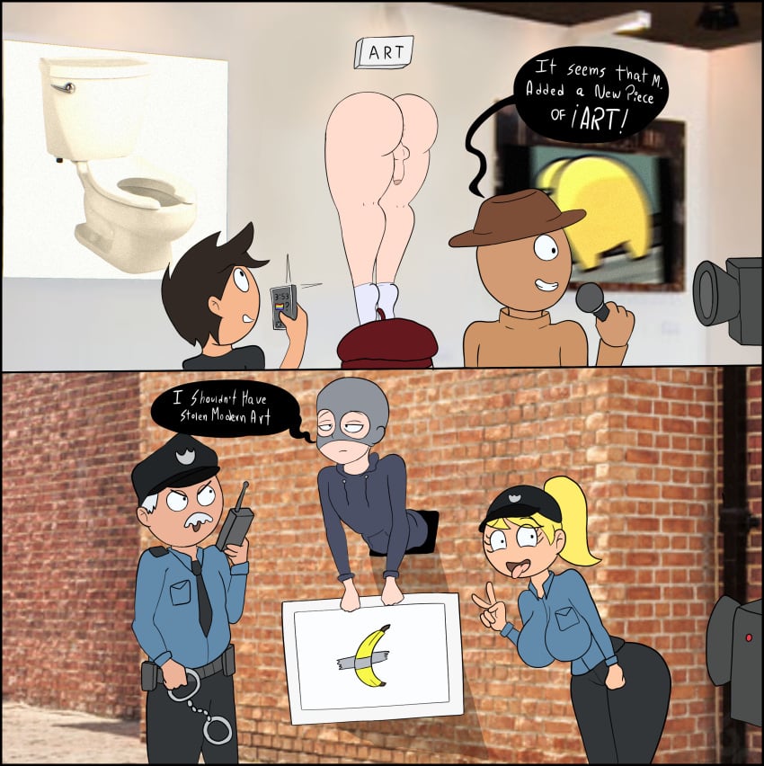 among_us_reference among_us_yellow artist_request banana big_ass brick_wall comic embarrassed_nude_femboy english_text exhibition female femboy handcuffs hoodie_only mask_on_head meme microphone museum original_character phone police policewoman public_exposure public_nudity showing_ass stuck stuck_in_wall text thief through_wall toilet unknown_artist