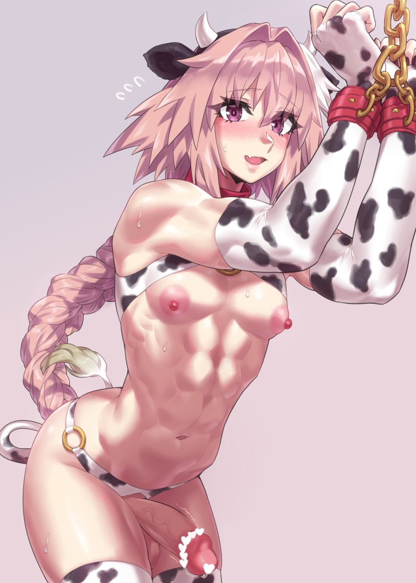 1boy abs astolfo_(fate) athletic athletic_male belly_button big_penis blush bound chains cow_ears cow_horns cow_tail cute_male eight_pack embarrassed erect_nipples fate_(series) femboy fit fit_male looking_at_viewer mizuumi_(bb) muscular muscular_arms muscular_femboy muscular_male muscular_thighs navel nipples pink_hair pointy_chin ponytail purple_eyes smile smiling stockings veiny_penis