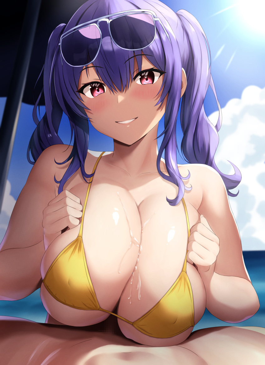 1boy absurdres asanagi_shion aviator_sunglasses azur_lane beach_umbrella bikini blue_sky blush breasts breasts_squeezed_together clenched_hands cloud covered_nipples eyewear_on_head female grin hands_on_own_breasts highres large_breasts micro_bikini official_alternate_costume outdoors paizuri paizuri_under_clothes pola_(azur_lane) pola_(seaside_coincidence)_(azur_lane) pov pov_crotch purple_hair red_eyes semi-circular_eyewear sidelocks skindentation sky smile solo_focus straight sun sunglasses sunlight swimsuit twintails umbrella upper_body yellow_bikini