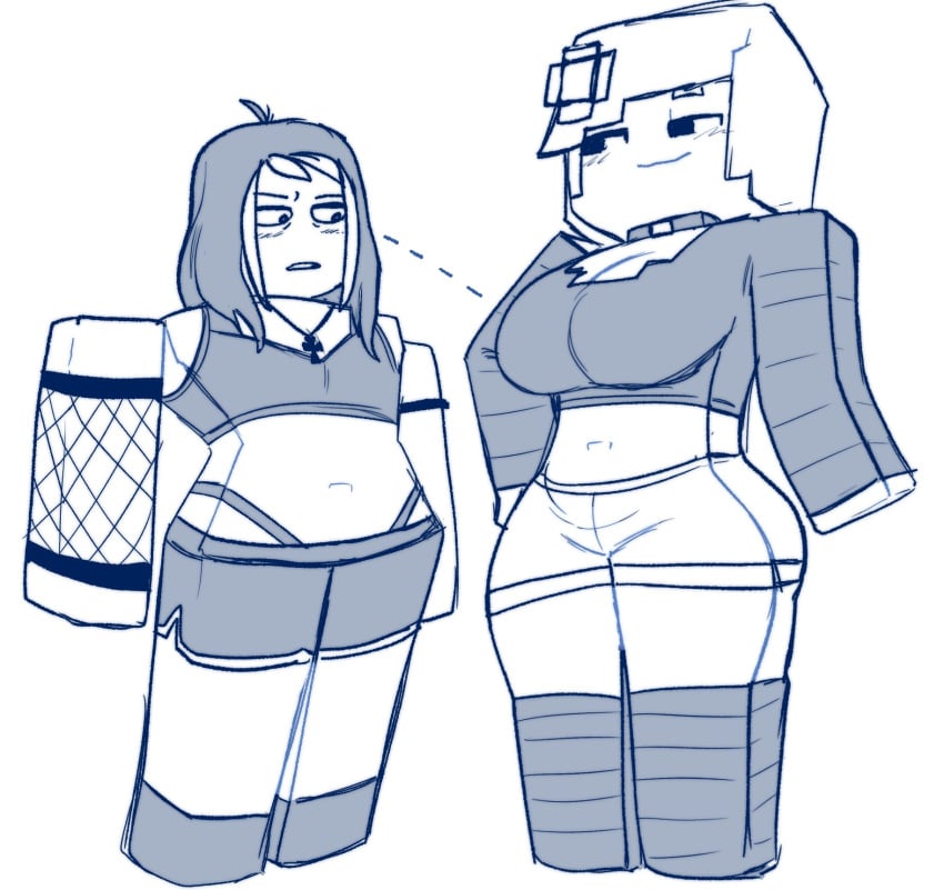 2females 2girls annoyed annoyed_expression blank_background breasts colorless flat_chest flat_chested fully_clothed height_difference hexanne jenny_belle_(slipperyt) minecraft roblox roblox_avatar robloxian slightly_open_mouth smile smug smug_expression starfall_(hexanne) staring_at_another staring_at_breasts