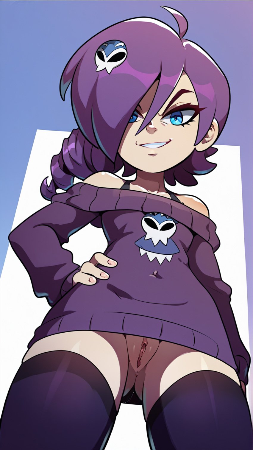 ai_generated anus blue_eyes bottomless butt_from_the_front evil_smile female flat_chest from_below hairpin hand_on_hip looking_at_viewer looking_down navel_visible_through_clothes pony_diffusion_xl purple_hair purple_sweater pussy smug smug_expression spiral_hair spread_legs stable_diffusion straps teeth thighhighs toonify_(model) zone-tan