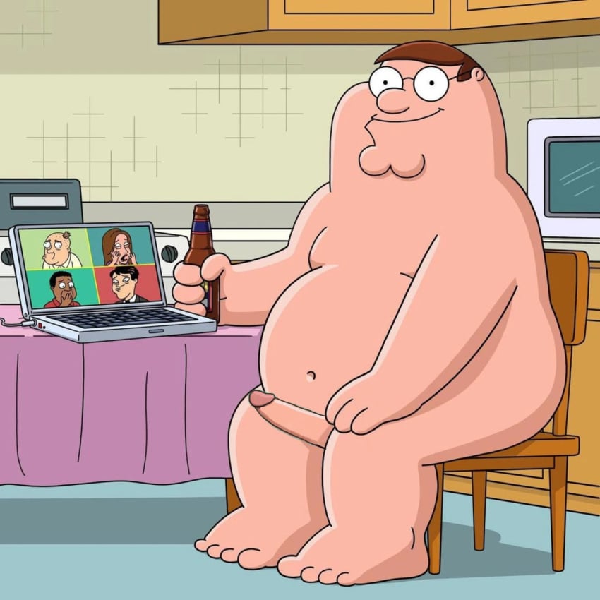 big_penis erect_penis erection family_guy father glasses grossed_out hand_over_own_mouth laptop large_penis male male_only man naked peter_griffin shocked shocked_expression sitting sitting_on_chair smile tagme