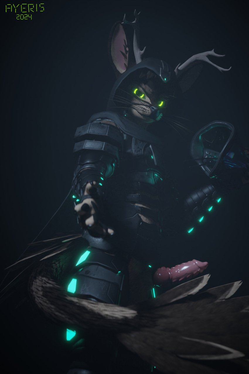 2024 2:3 absurd_res anthro antlers armor ayeris23 ayeris_(character) brown_body brown_fur brown_hair claws deer electronics feathers fog fur gas_mask glowing glowing_armor glowing_eyes green_eyes hair headgear headphones headset hi_res horn knot looking_at_viewer looking_down looking_down_at_viewer male mammal mask nasal_plug pawpads reaching_towards_viewer rexouium science_fiction solo tail tail_feathers visor whiskers