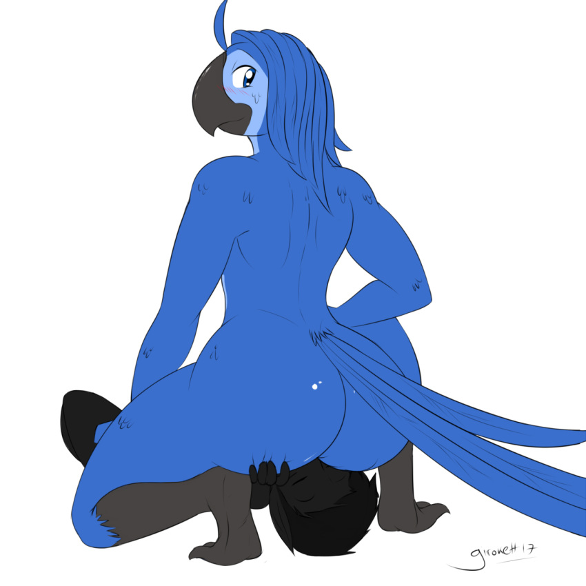 2017 anthro ass backsack beak black_hair black_skin blue_eyes blue_feathers blue_hair blue_macaw blush claws closed_eyes crouching duo english_text facesitting feathers girokett hand_on_ass imp interspecies long_hair looking_back male nude roberto_(rio) signature simple_background smile solo_focus text toe_claws white_background yaoi