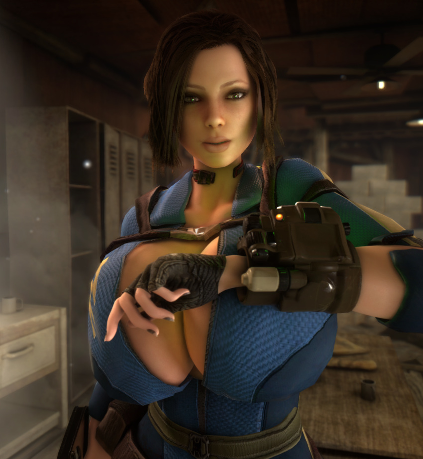 1girls 3d 3d_(artwork) alternate_breast_size bethesda_softworks bodysuit breasts_bigger_than_head breasts_bigger_than_torso brown_eyes brown_hair bulletstorm cleavage clothed clothed_female clothing computer electronics epic_games fallout female female_only female_solo fingerless_gloves gigantic_breasts gloves gun holding_gun holding_object holding_weapon hourglass_figure huge_breasts human human_female human_only open_bodysuit open_clothes people_can_fly pip-boy slim_waist solo solo_female thick_thighs thighs trishka_novak vaako vault_suit weapon wide_hips wristwear