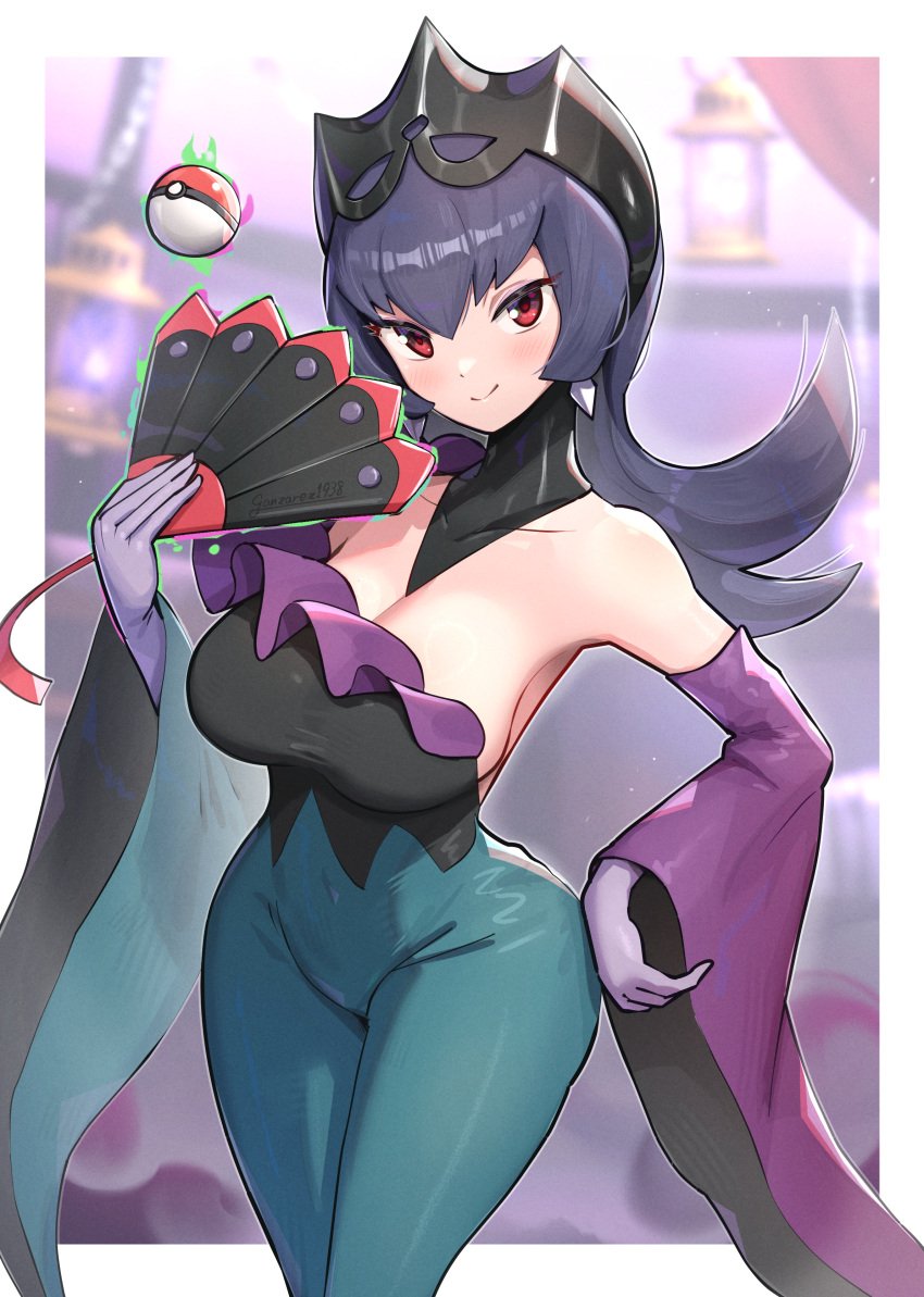 1girls bellelba big_breasts bodysuit breasts cleavage clothed clothing crown earrings eyeliner fan female gloves gonzarez gym_leader holding_fan looking_at_viewer makeup navel outfit pokeball pokemon pokemon_bw2 pokemon_masters pokemon_masters_ex pokemon_rgby purple_hair queen red_eyes sabrina_(pokemon) sabrina_(pokemon_bw2) signature smiling solo tagme thick_thighs tiara white_skin wide_hips