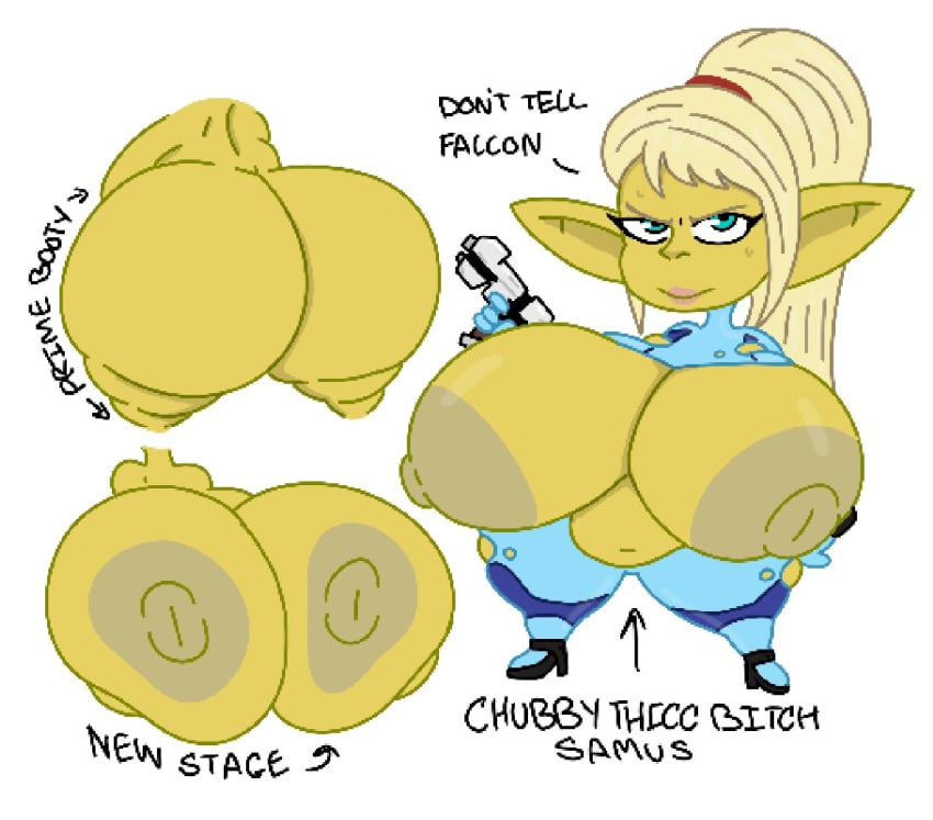 alternate_species big_areola big_ass big_belly big_breasts big_nipples big_thighs blonde_hair female goblin_female goblinification metroid samus_aran shortstack shortstackification theslashfive yellow_skin zero_suit