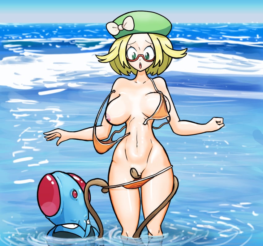 ambiguous_gender areola assisted_exposure bianca_(pokemon) big_breasts bikini bikini_bottom_pull bikini_top_removed black_eyes blonde_hair blue_body breasts brown_tentacles clothing duo eyewear female female_human feral front_view generation_1_pokemon genitals glasses green_clothing green_eyes green_hat green_headwear hair hat headgear headwear human humanoid_genitalia humanoid_pussy legs_together male_pokemon/female_human mammal markings navel nintendo nipples one_breast_out open_mouth orange_clothing orange_swimwear partially_submerged pink_areola pink_nipples piscirabble pokemon pokemon_(species) pokemon_bw pokephilia pussy red_markings rubbing_pussy sea standing_in_water stripped_by_tentacles swimwear tan_body tan_skin tentacle tentacle_on_female tentacle_on_pussy tentacool thick_thighs torn_swimwear water wide_hips