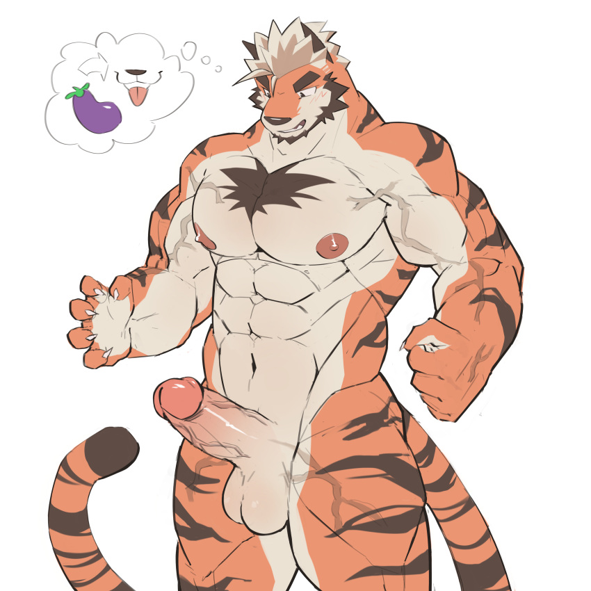 5_fingers abs absurd_res anthro balls chest_fur erection felid feline fingers fur fuzzywrath genitals hi_res humanoid_genitalia looking_down male male_focus male_only mammal muscular nipples nude pantherine pecs penis simple_background solo stripes thought_bubble tiger