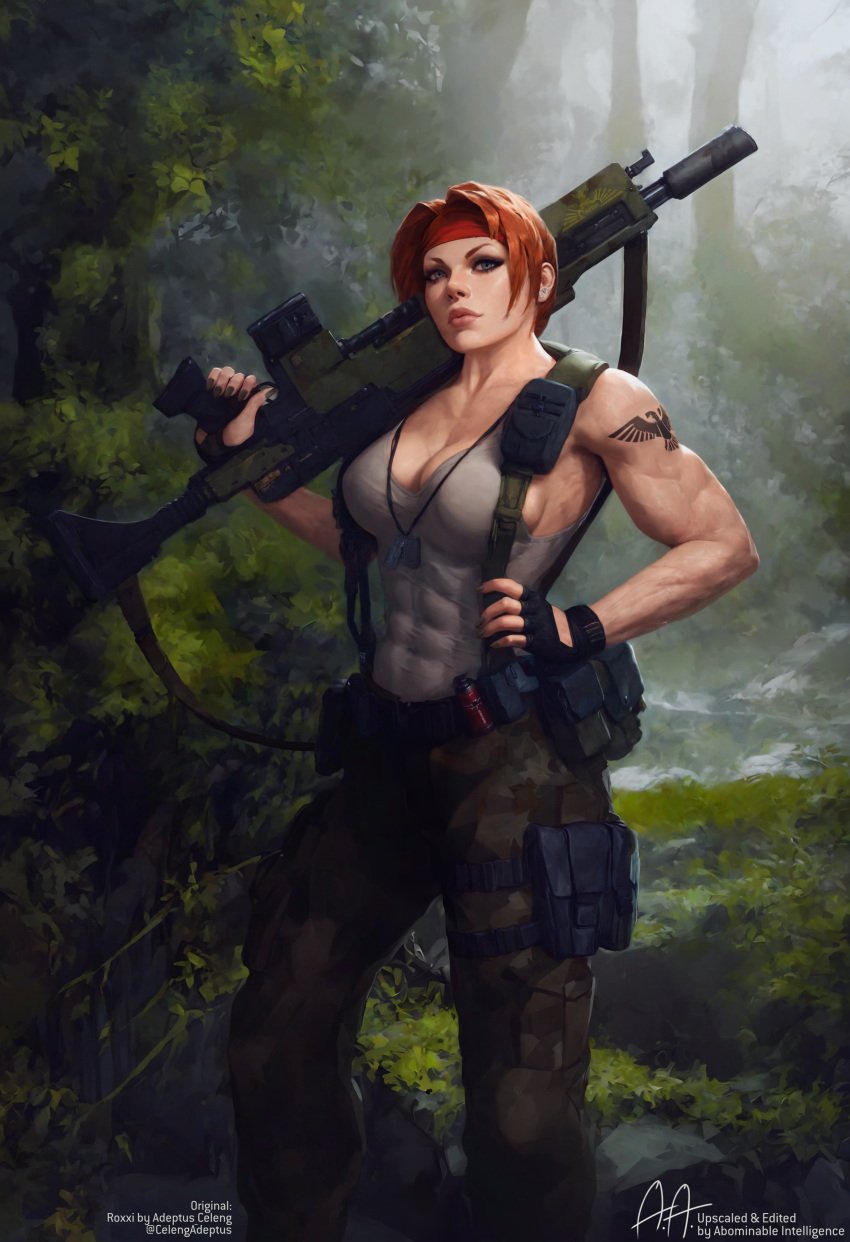 abs adeptus_celeng ai_generated artificialanaleptic assault_rifle astra_militarum belt breasts camouflage camouflage_pants cleavage clothing covered_abs dog_tags english_text female female_only fingerless_gloves forest gloves guardswoman_(warhammer_40k) gun headband headwear holding holding_gun holding_weapon holster imperial_guard imperium_of_man large_breasts lasgun lips looking_at_viewer modification muscle muscular_female nature nose outdoors over_shoulder pants pouch red_hair red_headband rifle short_hair solo standing tank_top tattoo text thigh_pouch tied_hair toned trigger_discipline upscale upscaled warhammer_(franchise) warhammer_40k weapon weapon_over_shoulder