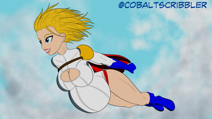 bare_thighs big_breasts big_thighs blonde_female blonde_hair blue_boots blue_eyes blue_gloves boob_window boots breasts busty cape cleavage cleavage_cutout cobaltscribbler costume dc dc_comics flowing_hair flying gloves kara_zor-l karen_starr large_breasts large_thighs power_girl pregnant pregnant_belly pregnant_female red_cape sky smiling superhero_costume superheroine tight_clothing white_leotard