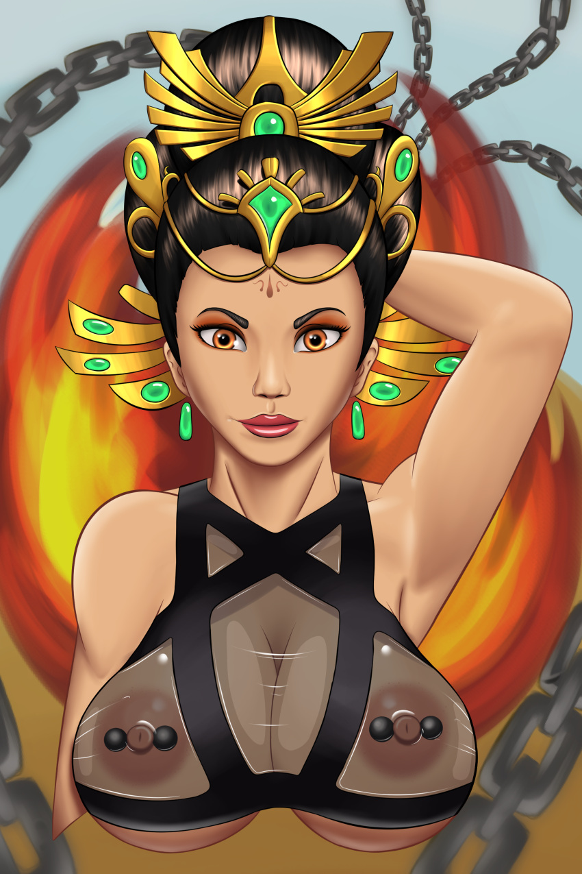 1girls asian_mythology barbell_piercing big_breasts black_hair chinese_mythology da_ji_(smite) goddess hi-rez_studios light-skinned_female light_skin mythology nipple_piercing see-through see-through_clothing shadowboxer smite solo