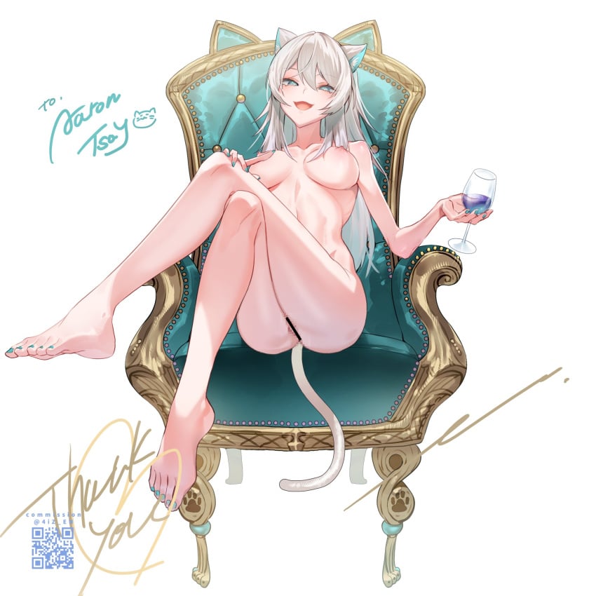 aarontsay animal_ear_fluff animal_ears aqua_nails ass bar_censor barefoot breasts cat_girl cat_tail censored chair completely_nude crossed_legs cup drinking_glass easy_chair enshou_(namarien) female gold_footwear highres holding holding_cup indie_virtual_youtuber large_breasts looking_at_viewer mosaic_censoring nude pussy second-party_source sitting solo tail thank_you toes virtual_youtuber vtuber white_hair wine_glass