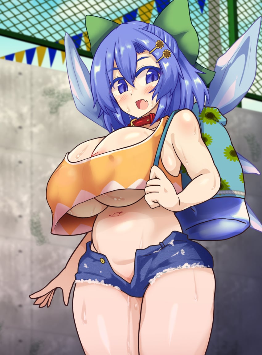 1girls alternate_costume areola_slip backpack black_burakku blue_eyes blue_hair blue_shorts cirno female female_only green_bow hairbow huge_breasts ice_wings looking_at_viewer navel open_mouth short_shorts skin_fang solo sunflower_hair_ornament touhou yellow_tank_top