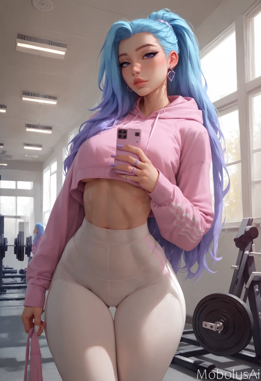 ai_generated blue_hair crop_top cropped_hoodie gym k/da_all_out_series k/da_series league_of_legends leggings mobolusai selfie seraphine_(league_of_legends) thighs white_leggings wide_hips