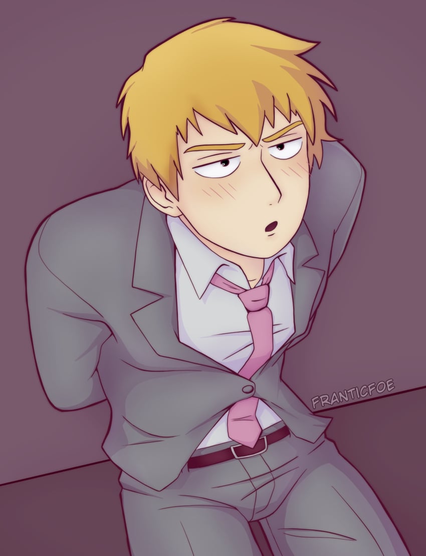 1boy arataka_reigen arms_behind_back clothed franticfoe_(artist) hands_behind_back looking_up male_focus male_only mob_psycho_100 on_floor sitting sitting_on_floor softcore submissive_male suit suit_and_tie tight_clothing viewed_from_above