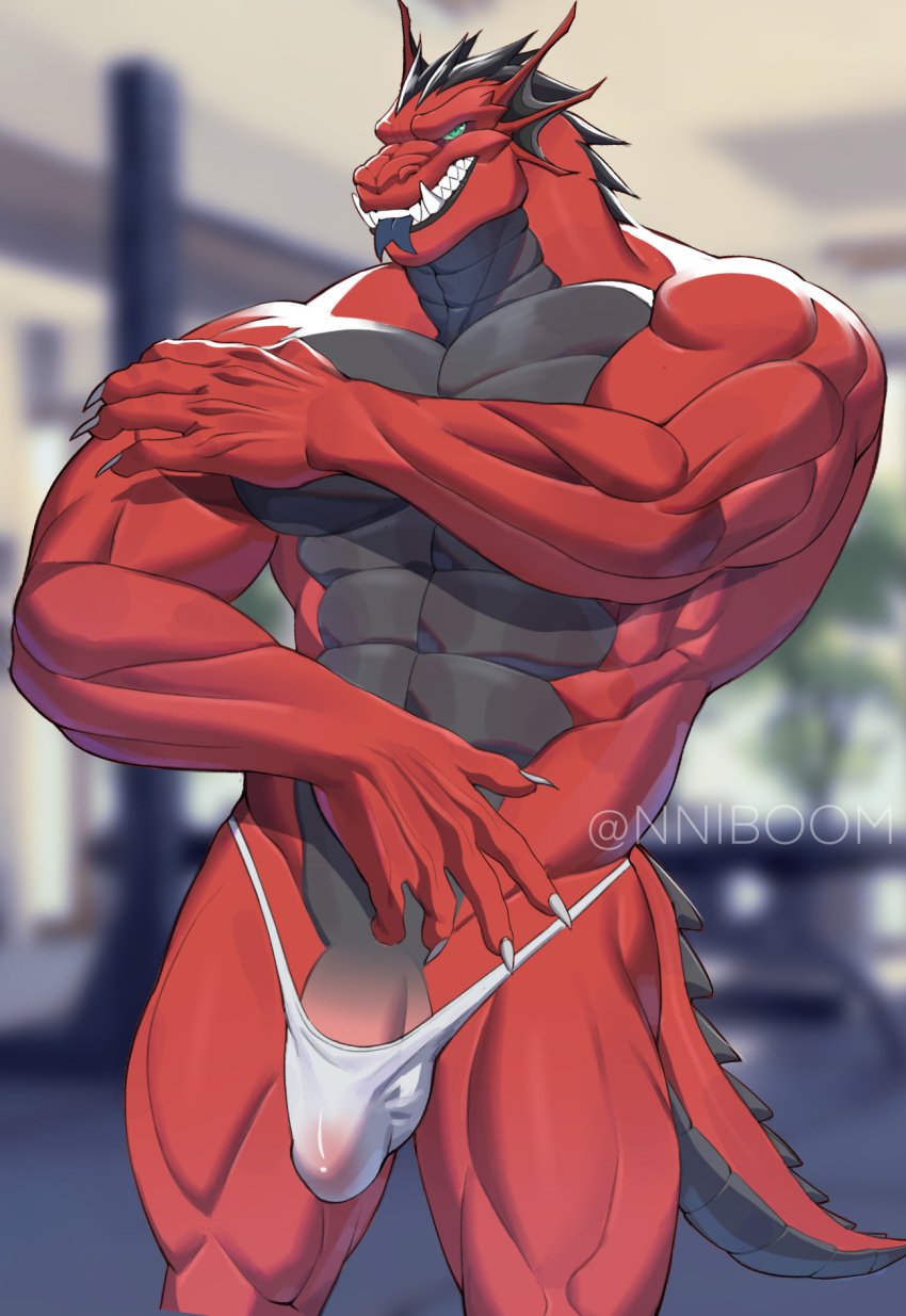 abs alexaboom anthro biceps black_body black_tongue bulge claws clothing dragon fangs fingers genital_outline genitals green_eyes hi_res inside looking_at_viewer male male_only muscular muscular_anthro muscular_male muscular_thighs pecs penis penis_outline red_body solo spikes tail teeth thong tongue tongue_out triceps underwear white_clothing white_thong white_underwear