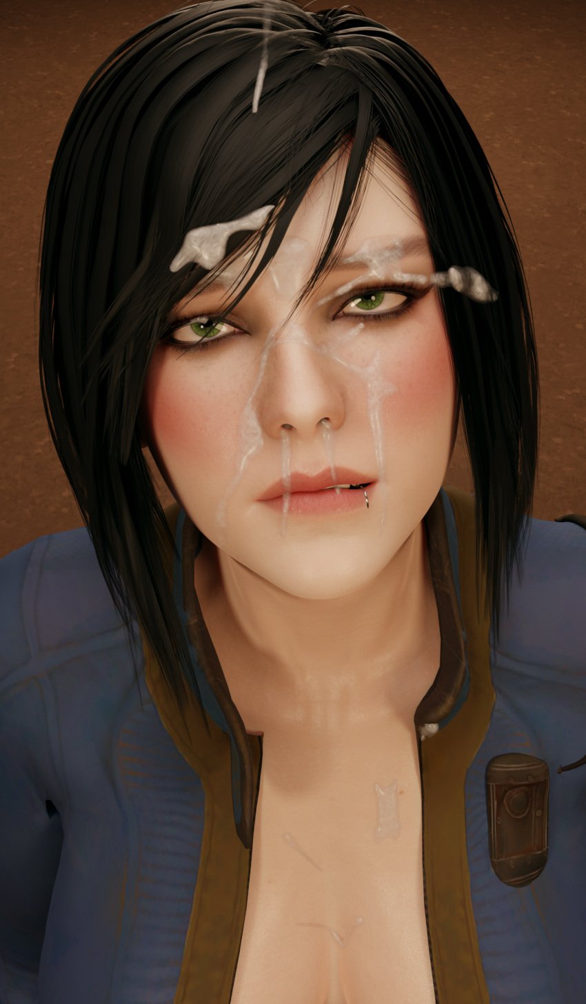 1girls 3d after_blowjob after_sex ahe_gao bethesda_softworks biting_lip black_hair blender blender_cycles blush bob_cut bodysuit cum_in_hair cum_on_face cumshot cumshot_on_face fallout fallout_4 female female_focus female_only fucked_silly green_eyes heavy_makeup lip_piercing pale_skin seductive slut sole_survivor sole_survivor_(female) solo vault_dweller vault_girl vault_meat vault_suit whore your__waifu