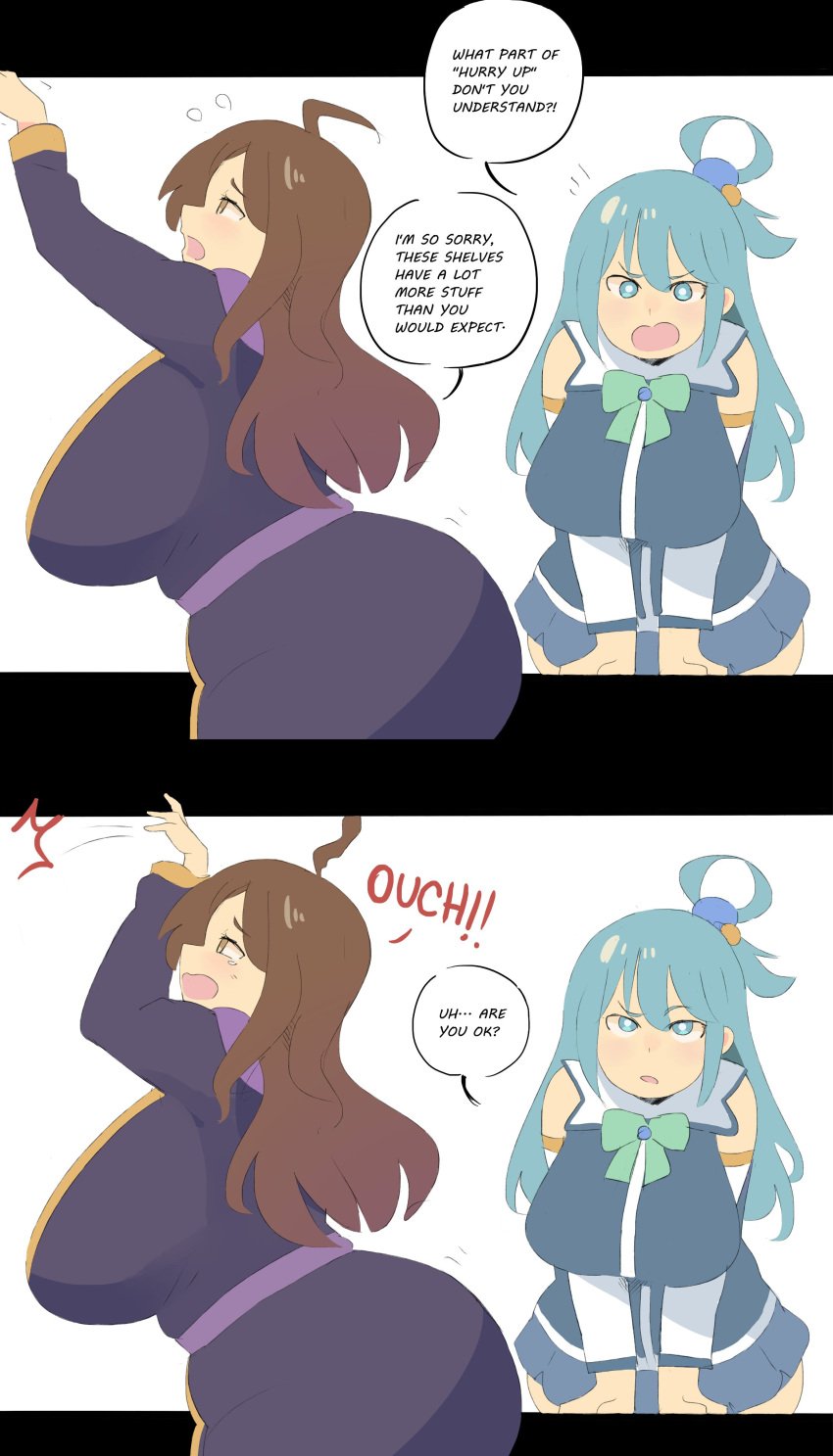 2024 2d 2girls absurd_res aqua_(konosuba) ass blue_eyes blue_hair breasts brown_eyes brown_hair comic dialogue english english_text female_focus female_only huge_ass huge_breasts kono_subarashii_sekai_ni_shukufuku_wo! long_hair matching_hair/eyes napolitane speech_bubble text wiz_(konosuba)