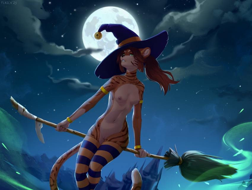 breasts broom broom_riding cleaning_tool clothing felid feline female flaich furry hair halloween hat headgear headwear hi_res holidays legwear light magic magic_user mammal moon moonlight nala(1shinatobe) night nude orange_body pantherine ponytail sitting sky small_breasts solo striped_body stripes tights witch witch_hat