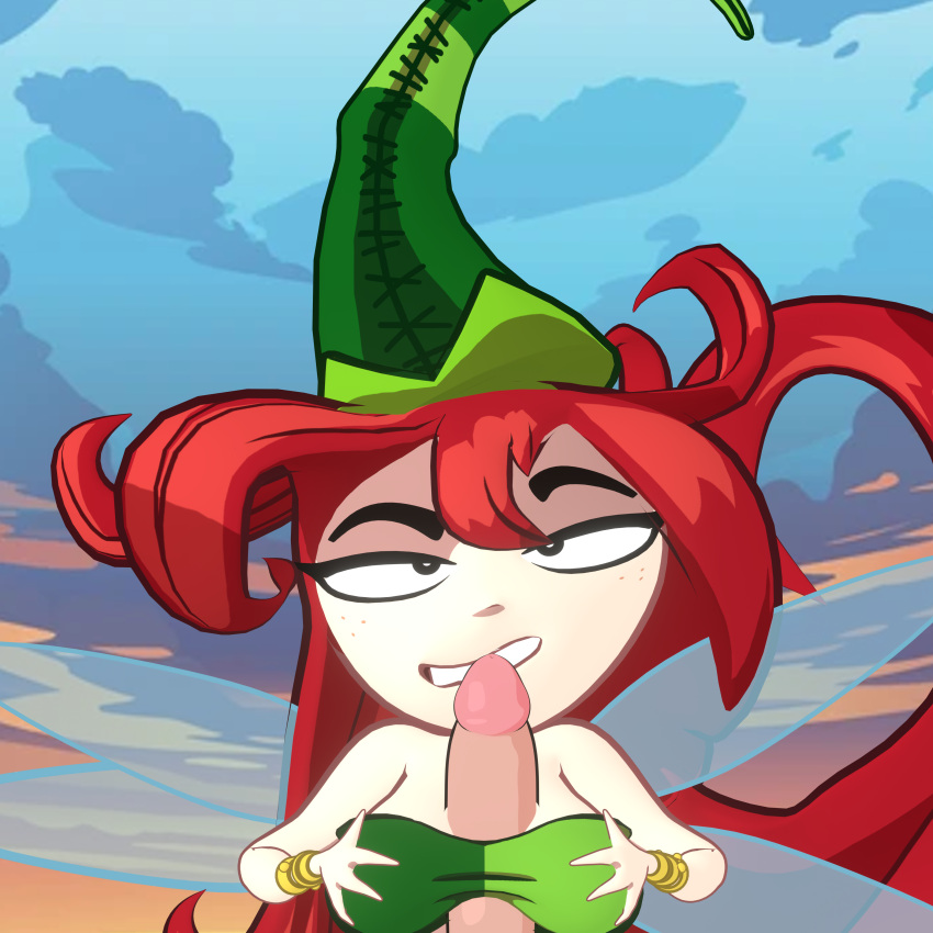 1boy 1boys 1girls betilla_(rayman) bra bracelets female freckles green_clothing hat highlandr34 large_penis light-skinned_female nymph_(rayman) paizuri penis rayman_(series) red_hair