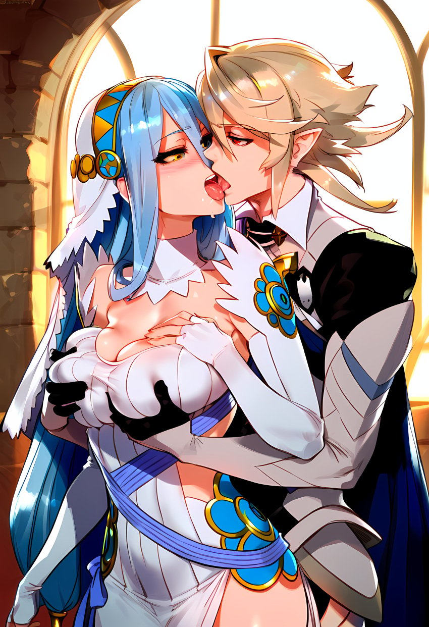 ai_generated azura_(fire_emblem) blonde_hair blue_hair breast_grab breasts clothed corrin_(fire_emblem) corrin_(fire_emblem)_(male) cousin_fucking_cousin cousins fire_emblem fire_emblem_fates french_kiss incest lsjsim128 nintendo pointy_ears red_eyes yellow_eyes