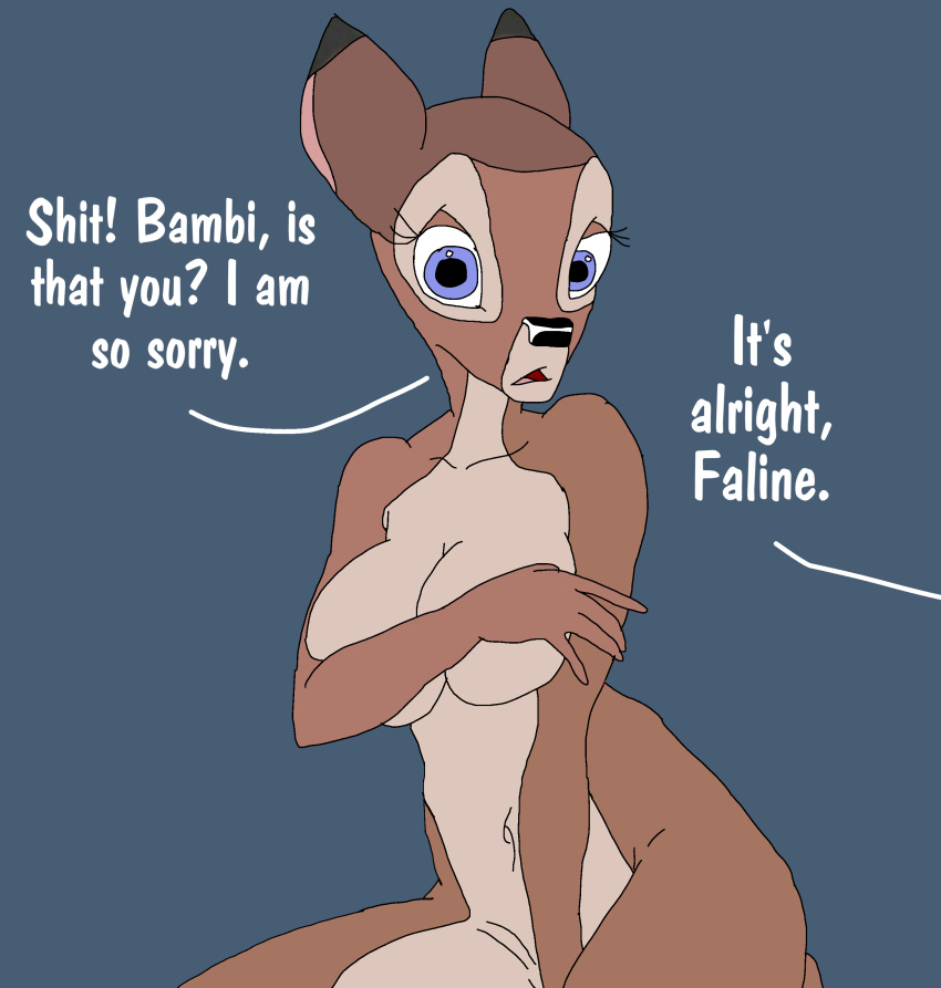 anthro anthro_only bambi_(character) bambi_(film) blue_eyes breasts brown_fur caught caught_naked cervine covering covering_breasts deer dialogue disney embarrassed embarrassed_nude_female english_text faline female fur furry furry_only looking_at_viewer mammal masturbation no_humans nude rough_sketch solo text vanderhirsche young