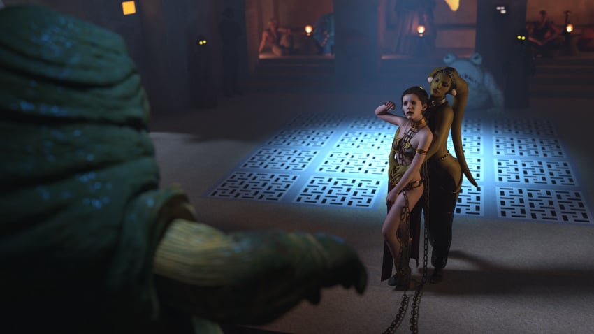 2girls 3d alexbridger belly_dancer belly_dancer_outfit boots braided_hair brown_eyes brown_hair budo c-3po chain_leash chained dancer dancer_outfit enslaved_royal femsub fishnets green_skin harem harem_girl harem_outfit headwear hutt jabba's_palace jabba_the_hutt jawa large_breasts loincloth long_hair medium_breasts oola princess_leia_organa salacious_crumb slave slave_bikini slave_collar slave_leia slave_outfit slavegirl star_wars submissive_female twi'lek