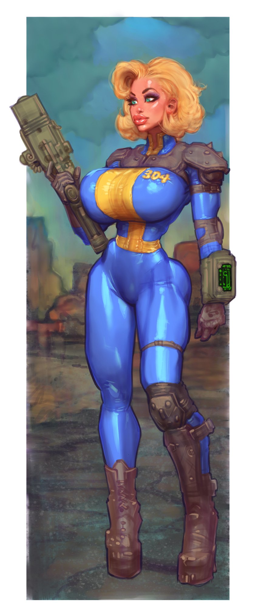 1girls 2d 2d_(artwork) armor ass ass_visible_from_the_front athletic_female big_ass big_breasts big_lips bimbo bimbo_body bimbo_lips blonde_hair blue_eyes bodysuit boots breasts breasts_bigger_than_head busty cloudy_sky elbow_pads enormous_breasts fallout female female_focus female_only fit_female fully_clothed gloves gun high_heel_boots high_heels hourglass_figure huge_breasts knee_pads leather looking_away makeup muscular_thighs no_visible_nipples one_leg_bent pinup pip-boy post-apocalyptic sci-fi shoulder_pads skin_tight skin_tight_suit theofficialpit thick_lips thick_thighs thigh_strap thighs thin_waist tight_clothing top_heavy vault_dweller vault_girl vault_suit wide_hips