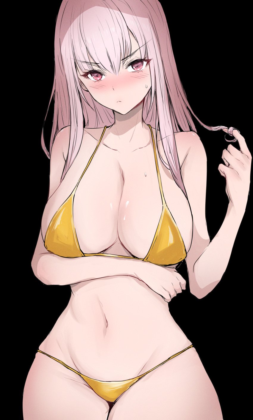 bikini black_background blush embarrassed gold_bikini hi_res hips hololive hololive_english hololive_myth huge_breasts long_hair mori_calliope narrow_waist navel pink_eyes pink_hair playing_with_hair sakiya standing straight_hair virtual_youtuber white_skinned_female